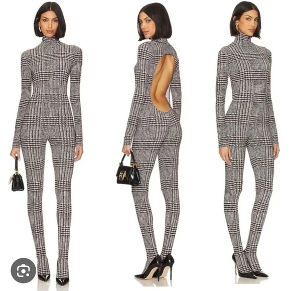 Norma Kamali Long Sleeve Open Back Plaid Jumpsuit